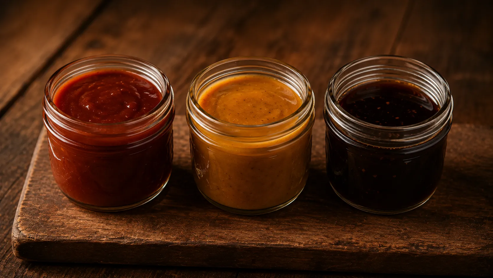 Three small jars of barbecue sauce in different colors, a red tomato-based, a yellow mustard-based, and a thin dark one, on a wooden board