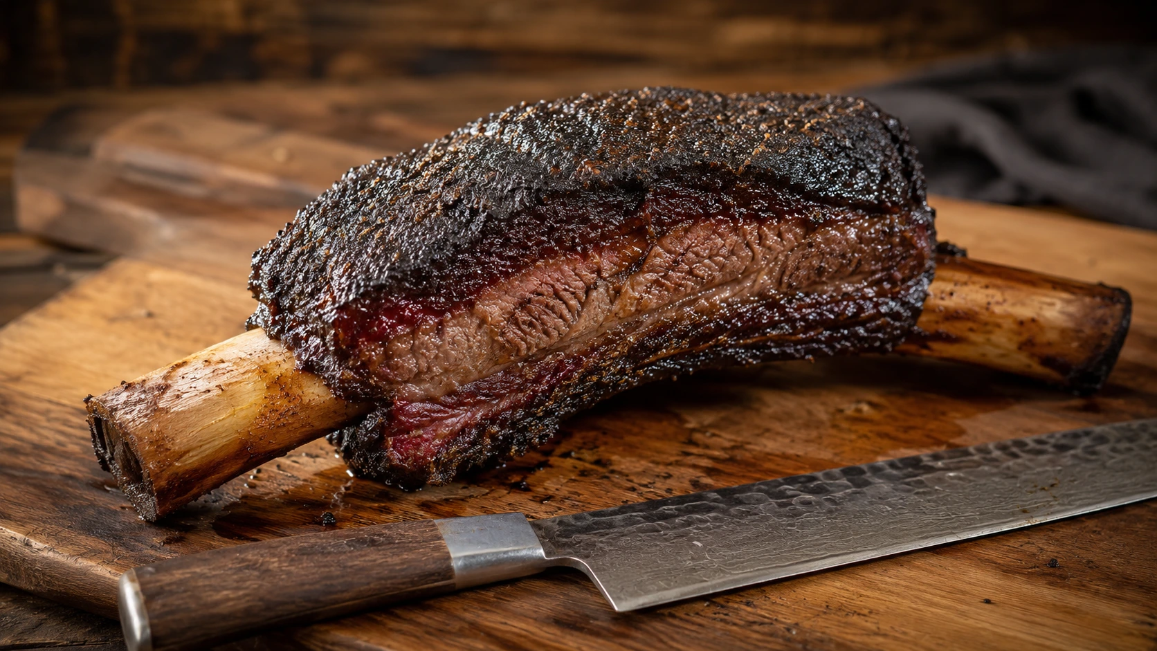 A single massive smoked beef plate rib with a dark bark, nicknamed a dino rib, resting on a cutting board