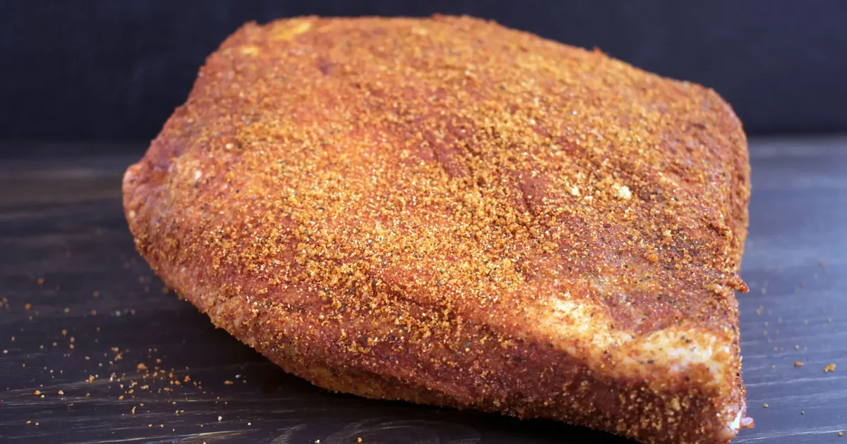 A raw brisket coated with a reddish-brown spice rub
