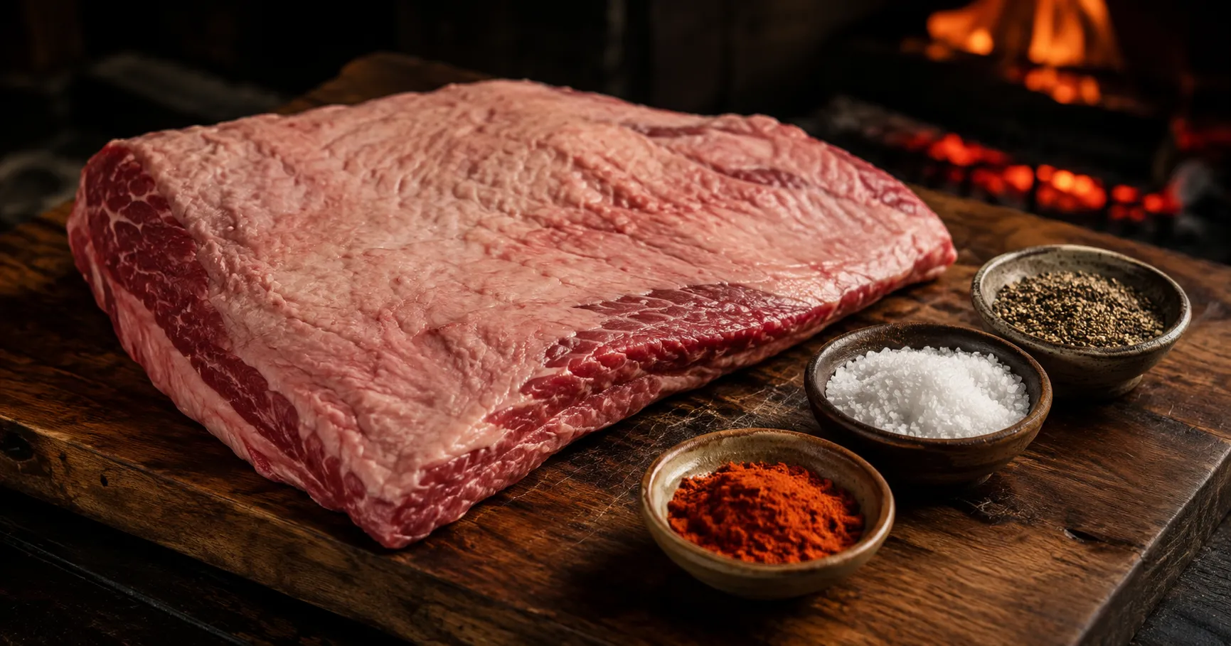 Small bowls of coarse black pepper, kosher salt, and smoked paprika next to a raw trimmed brisket