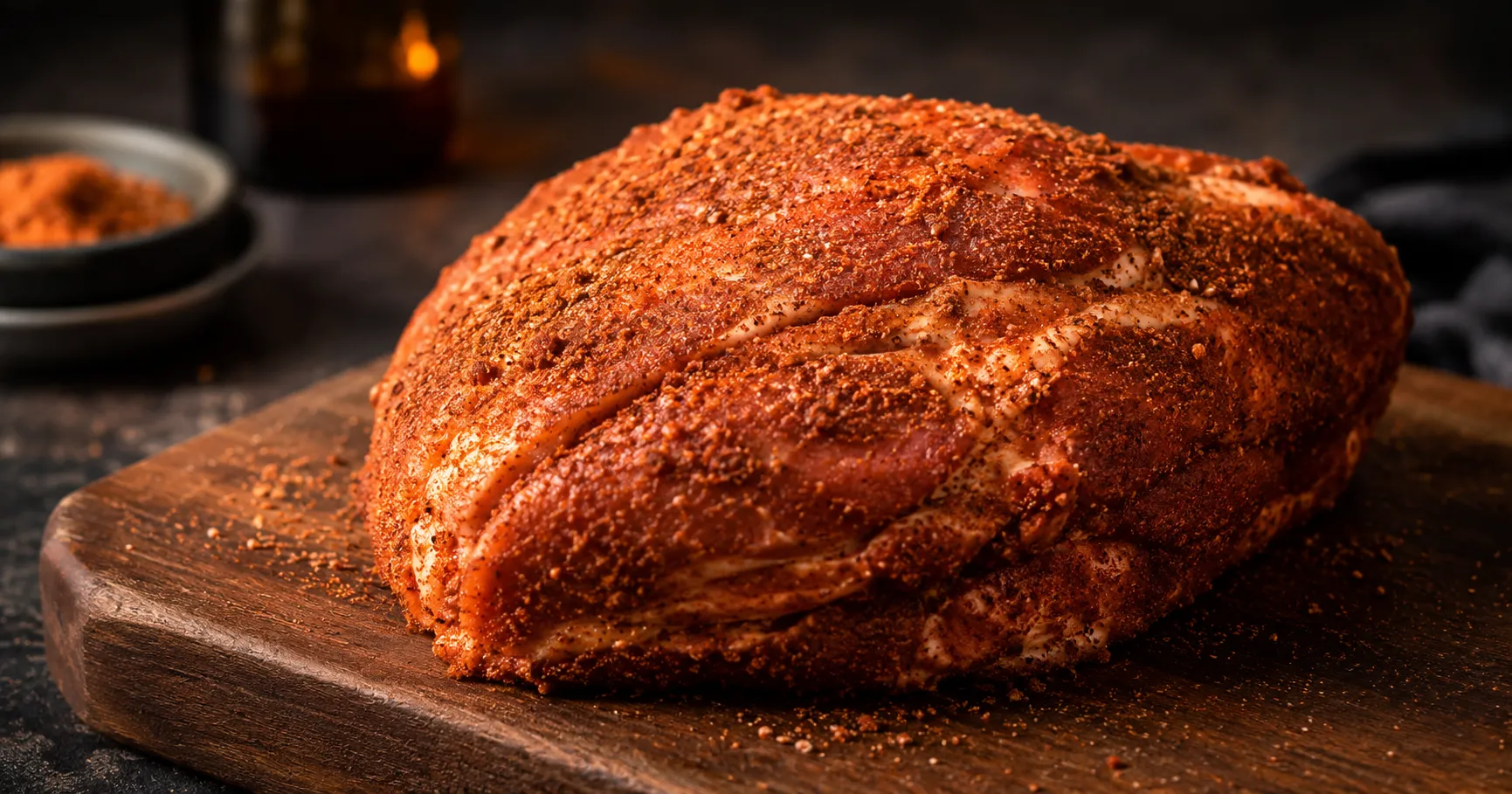 A raw pork shoulder generously coated in a brown-sugar and paprika rub on a cutting board