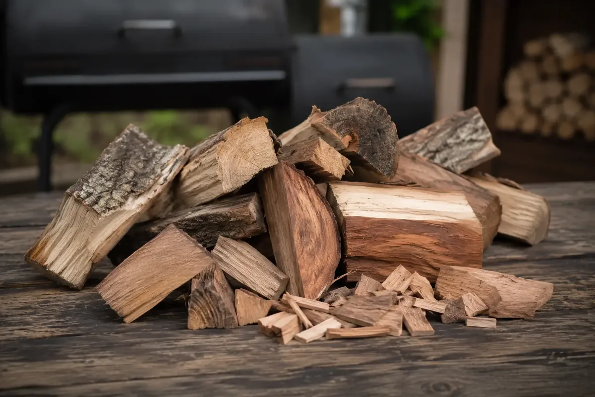 Stacked chunks of smoking wood, post oak and cherry, beside a small pile of wood chips