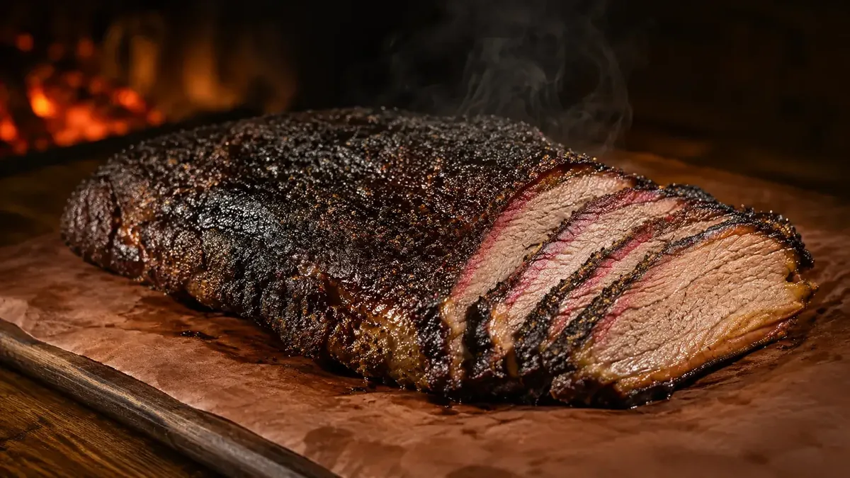 A whole smoked brisket with a dark peppery bark, sliced to show a pink smoke ring, resting on butcher paper