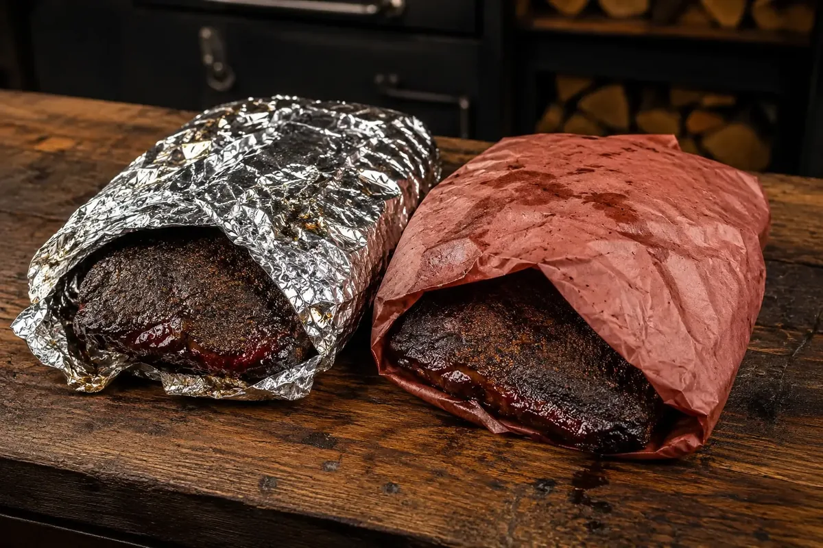 A brisket wrapped in pink butcher paper next to a sheet of aluminum foil on a wooden table