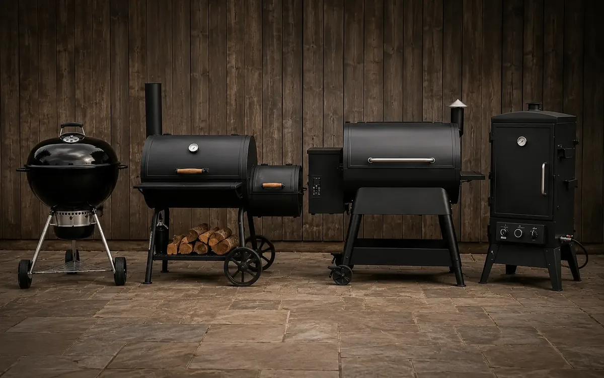 Four backyard smoker types side by side: a charcoal kettle, an offset stick burner, a pellet grill, and a gas smoker
