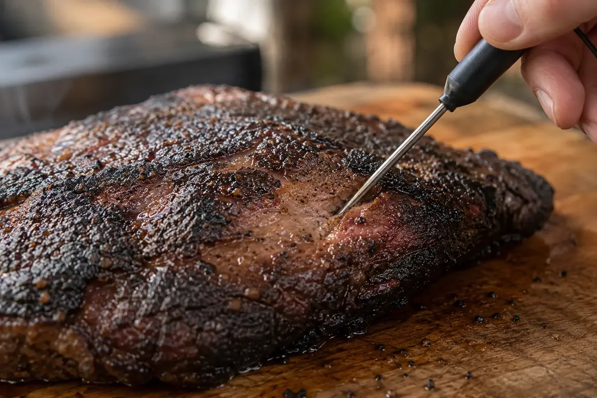 A close-up of an instant-read meat thermometer probe being inserted into a cut of smoked meat