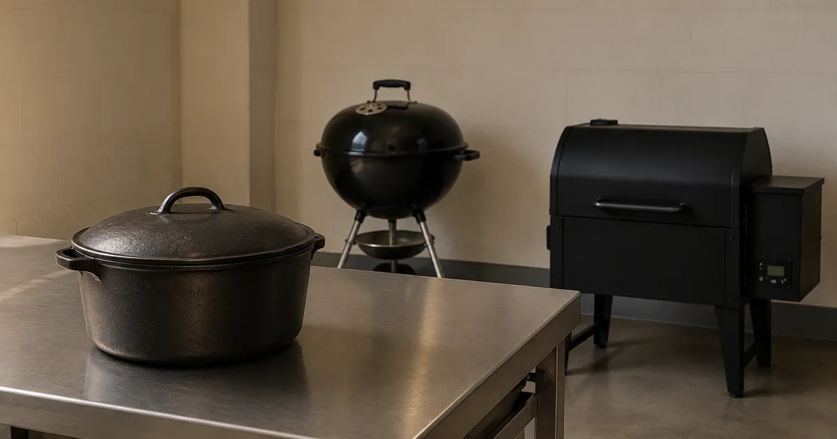 A lineup showing an old brick smokehouse pit glowing in the background and a modern steel barrel smoker in the foreground at dusk