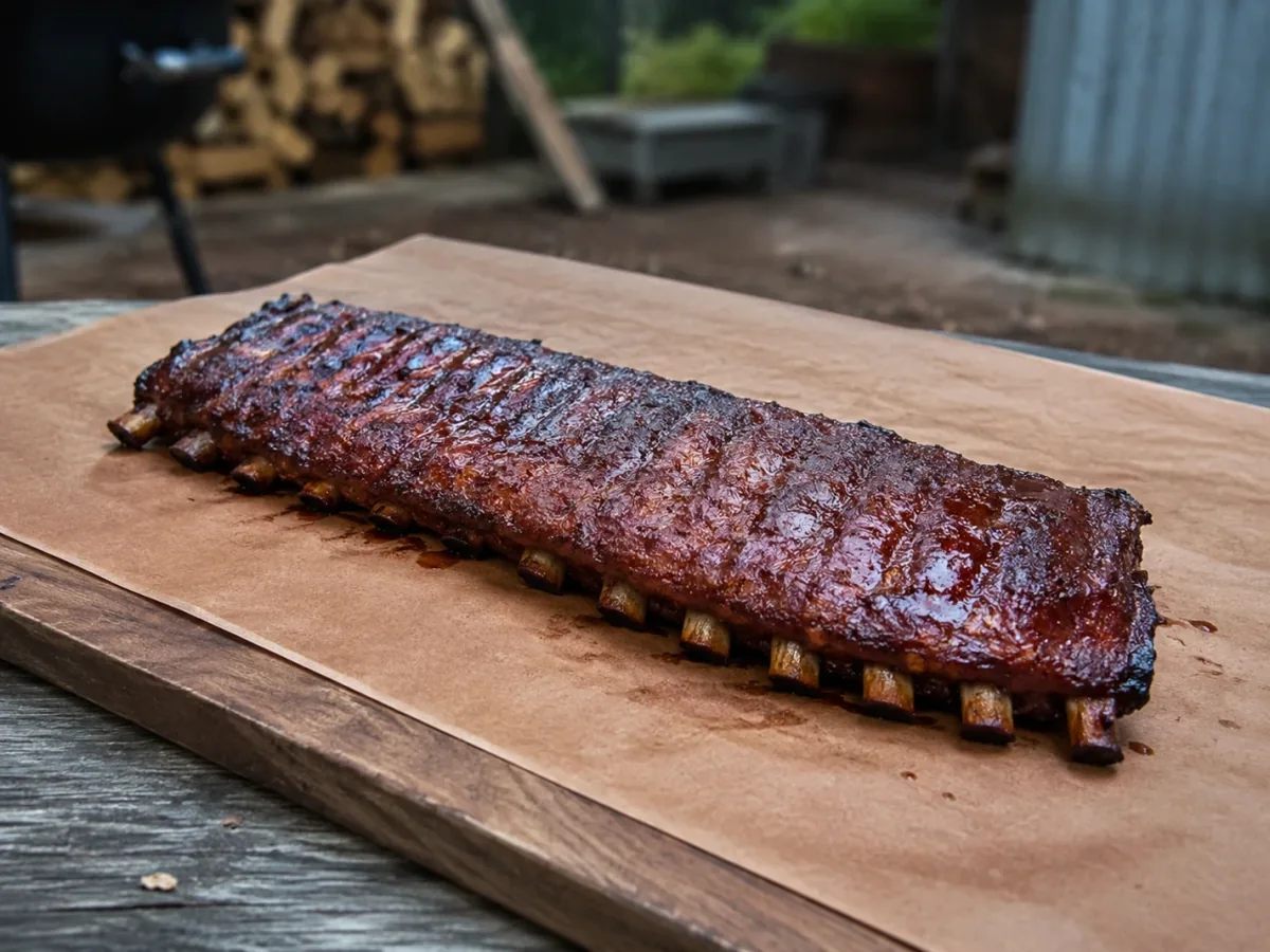 A rack of smoked ribs with a dark bark and pull-back on the bones, sliced between two ribs