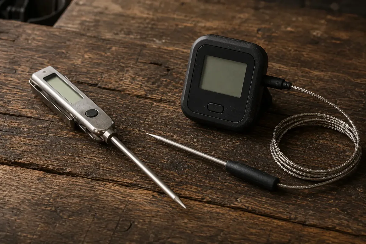 An instant-read thermometer and a leave-in probe thermometer with its base unit, laid side by side