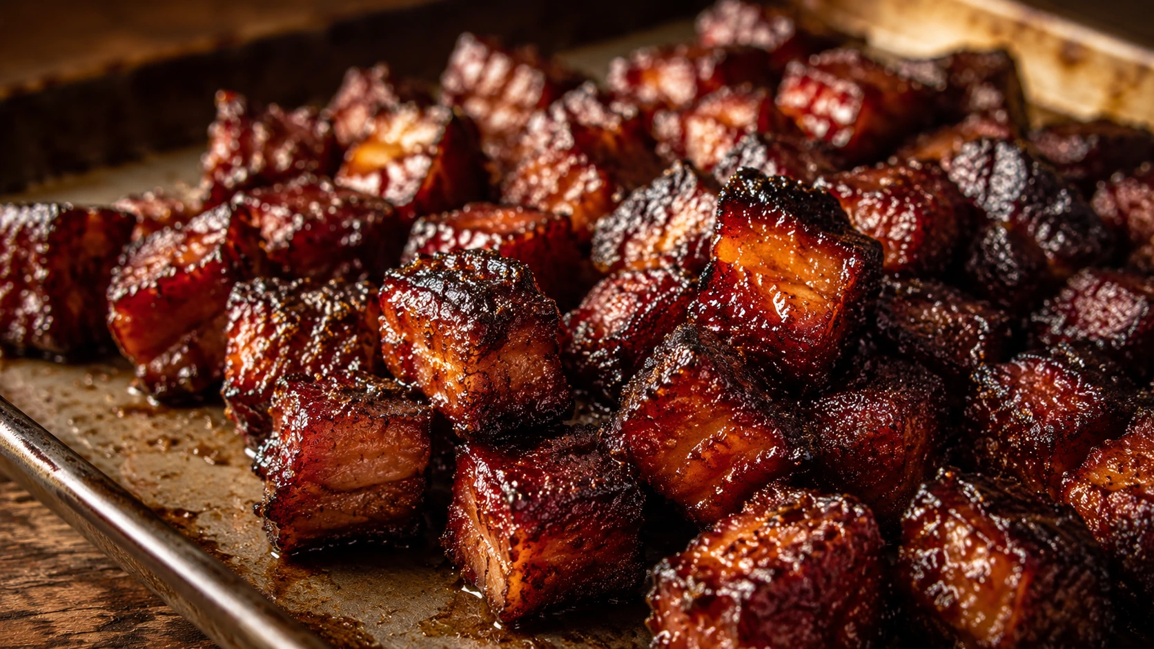 A tray of glazed, cubed pork belly burnt ends with a dark caramelized exterior