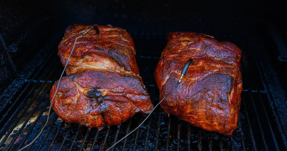 Two pork shoulders cooking on a barbecue grill