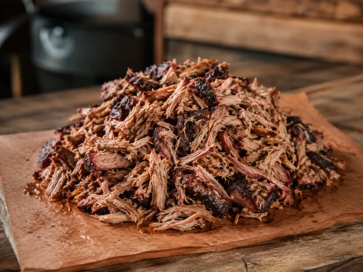 A pulled pork shoulder shredded into moist strands on a cutting board next to the bone that pulled clean