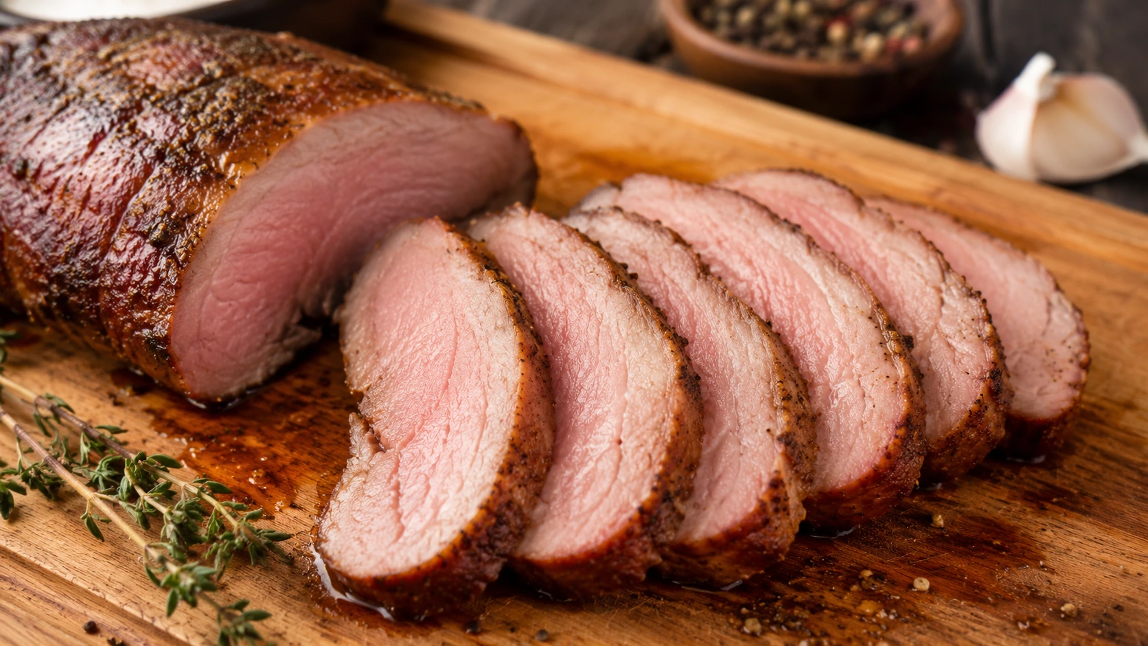 A sliced smoked pork tenderloin showing a faint pink center on a cutting board