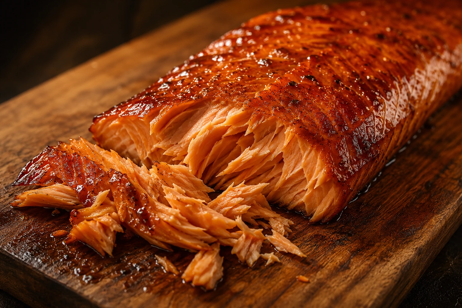 A fillet of hot-smoked salmon with a glossy glazed surface, flaking apart on a wooden board
