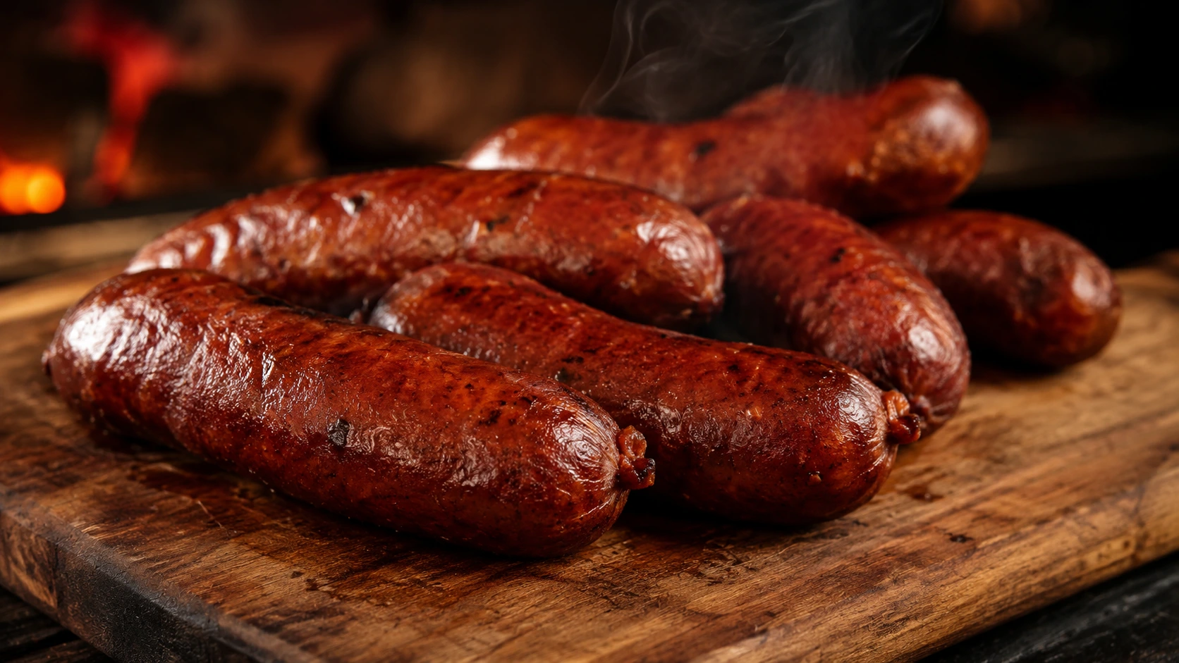Links of smoked sausage with a deep mahogany casing resting on a wooden board
