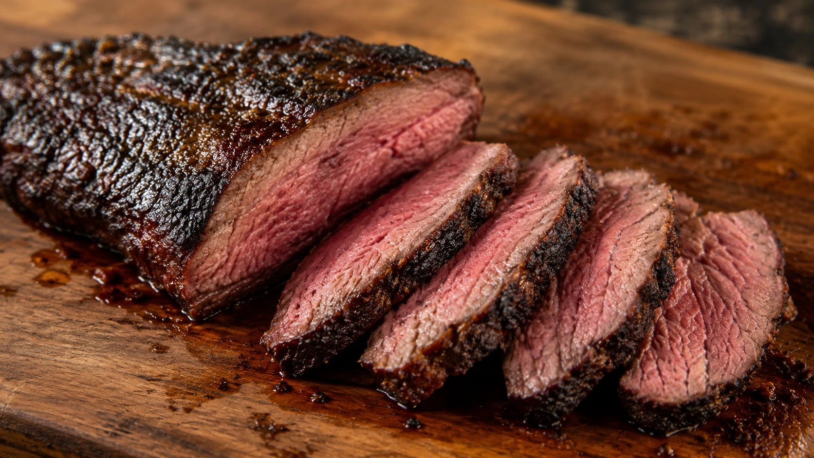 A reverse-seared tri-tip roast sliced against the grain showing a medium-rare pink center